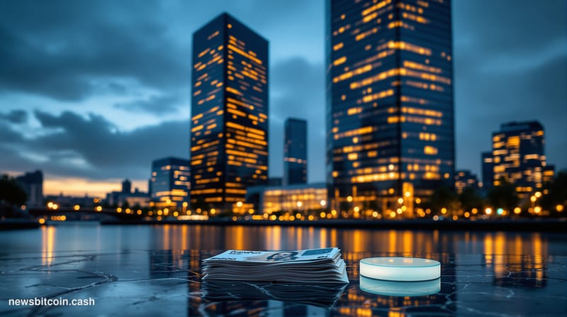 Cinematic photorealistic editorial photograph of the European Central Bank's modernist Frankfurt headquarters at dusk, its an