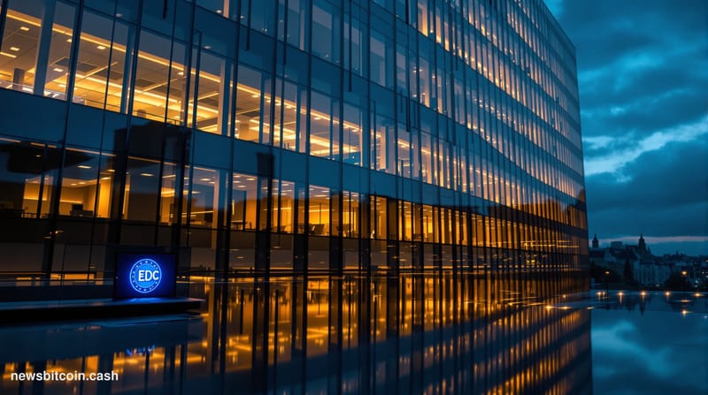 Cinematic photorealistic editorial photograph of the European Banking Authority's Paris headquarters at dusk, shot from a low