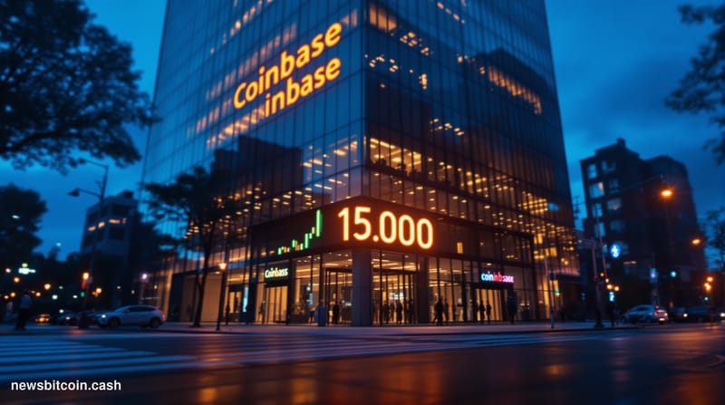 Cinematic photorealistic editorial photograph of Coinbase's San Francisco office exterior at dusk, shot from a low angle look