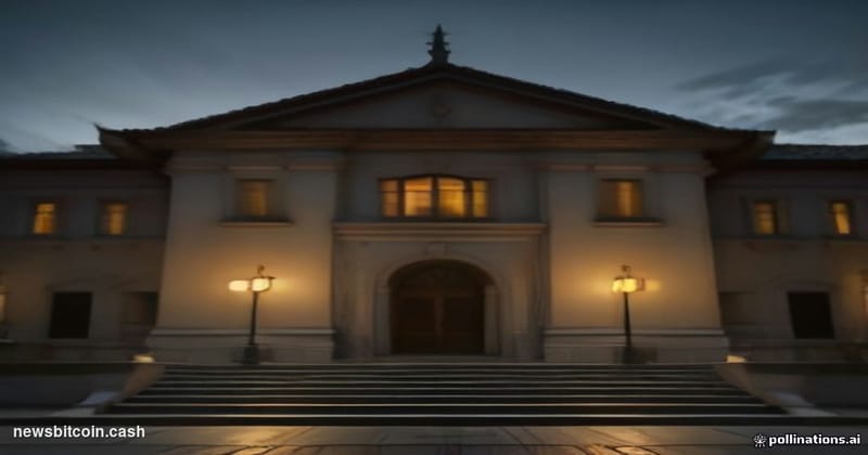 Cinematic photorealistic editorial photograph of a Colombian courthouse exterior at dusk, dramatic low-angle shot with warm a