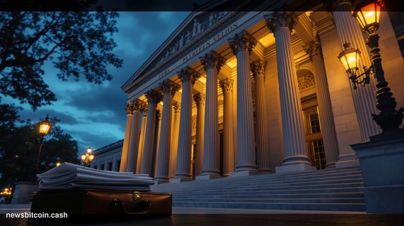Cinematic photorealistic editorial photograph of the imposing neoclassical facade of the Office of the Comptroller of the Cur