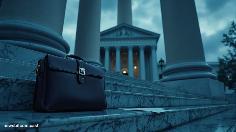 A cinematic photorealistic editorial photograph shot at the steps of a grand neoclassical federal courthouse in Washington D.