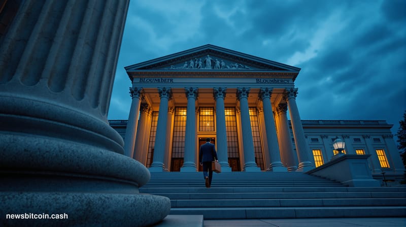 A cinematic photorealistic editorial photograph of the imposing neoclassical facade of the U.S. Department of the Treasury bu