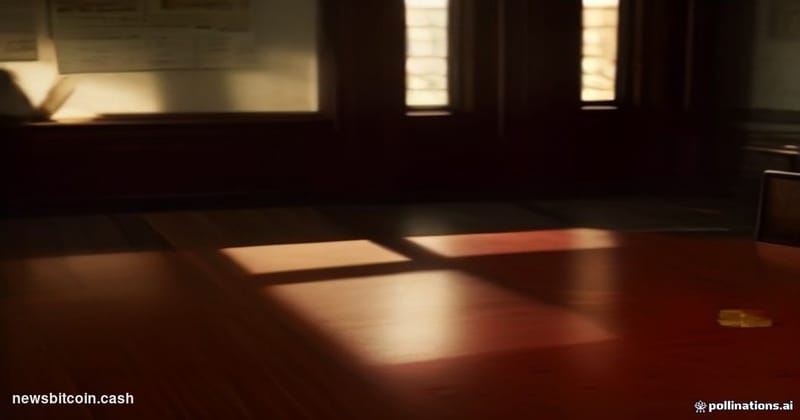 Cinematic photorealistic editorial photograph of a tense legal confrontation setting: a polished mahogany courtroom table in 
