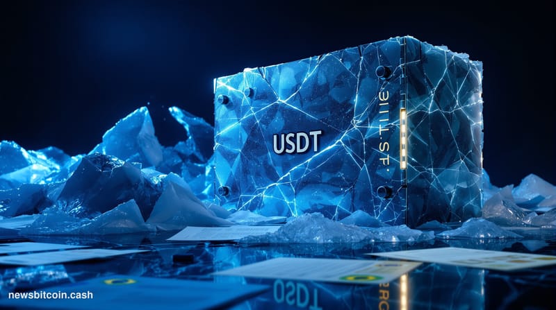 Cinematic photorealistic editorial photograph of a frozen, ice-encrusted digital vault or safe bearing subtle gold "USDT" let