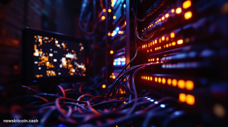 Cinematic photorealistic editorial photograph of a lone server rack glowing with amber and red warning lights in a dimly lit 
