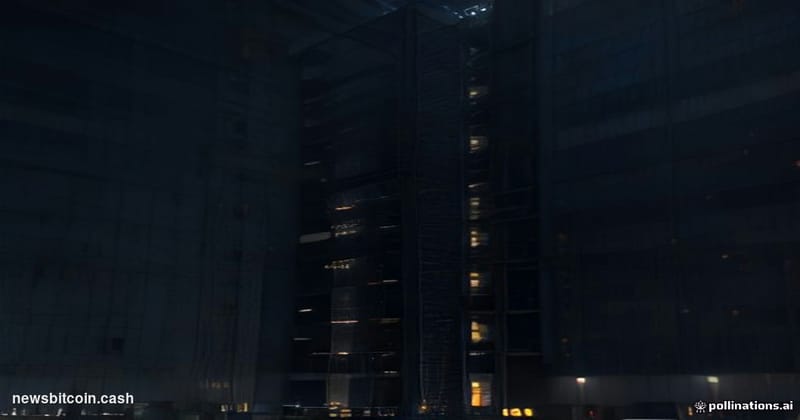 A cinematic photorealistic editorial photograph of a large, modern data center facility at dusk, shot from a low angle lookin