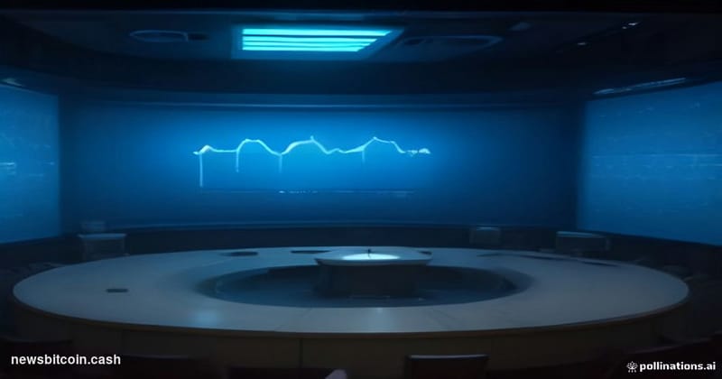 A cinematic photorealistic editorial photograph set inside a dimly lit financial television studio, modeled after a CNBC-styl