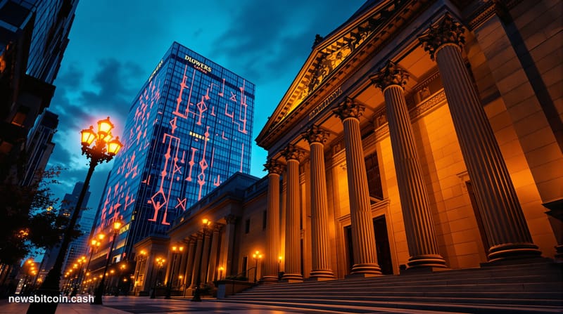 Cinematic photorealistic editorial photograph of Wall Street's financial district at dusk, with the recognizable neoclassical