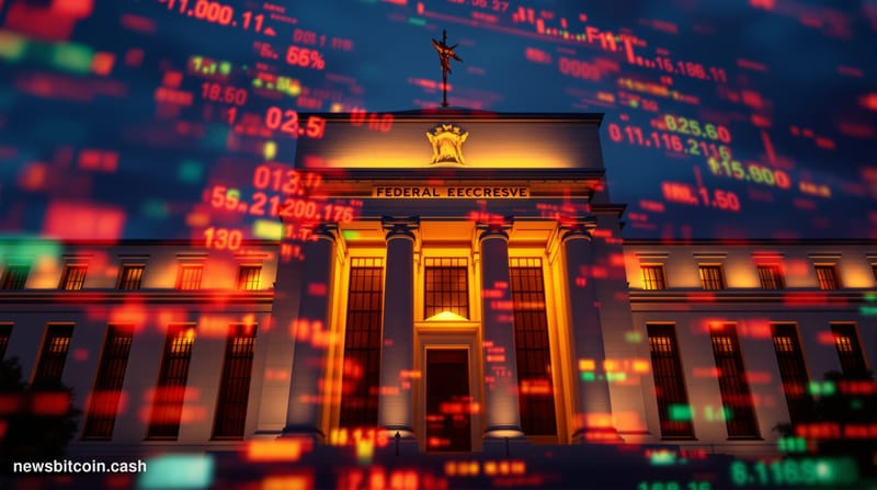 Cinematic photorealistic editorial photograph of the Federal Reserve's Eccles Building in Washington D.C. shot from a low dra