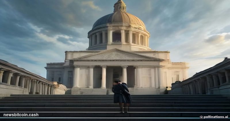 A cinematic photorealistic editorial photograph shot at ground level looking up at the Ohio Statehouse dome in Columbus, Ohio