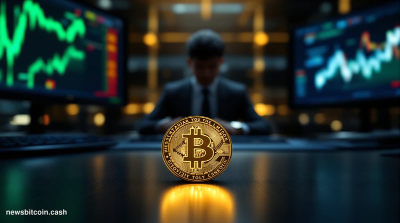 Cinematic photorealistic editorial photograph of a dramatic close-up of a physical gold Bitcoin coin resting on a dark tradin