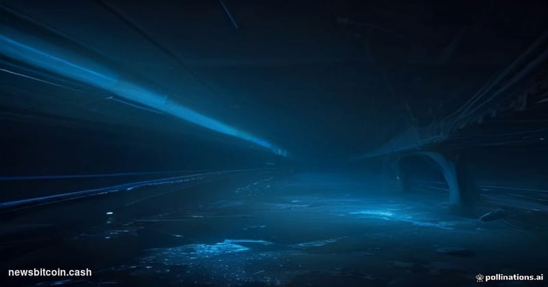 Cinematic photorealistic editorial photograph of a fractured digital bridge structure rendered in glowing neon blue and amber