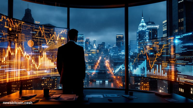 Cinematic photorealistic editorial photograph of a darkened financial trading floor with large curved monitors displaying Bit