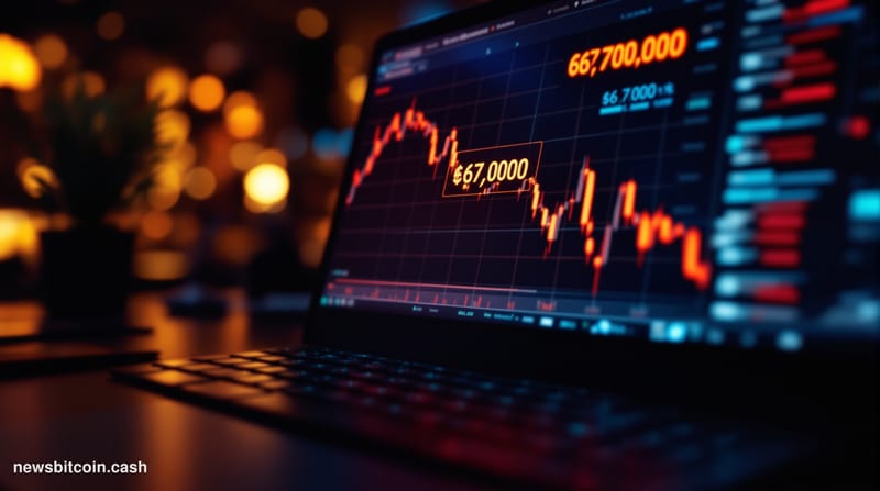 A cinematic photorealistic editorial photograph of Bitcoin trading screens displaying red candlestick charts showing the pric