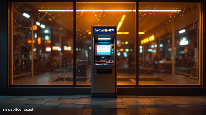 A cinematic photorealistic editorial photograph showing a Bitcoin ATM kiosk in an abandoned or closing retail location, shot 