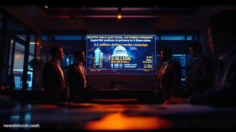 A cinematic photorealistic editorial photograph capturing the intersection of cryptocurrency and American politics during ele