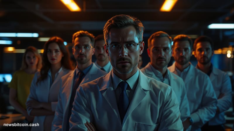 A cinematic photorealistic editorial photograph showing the exterior of a modern glass office building representing the Ether