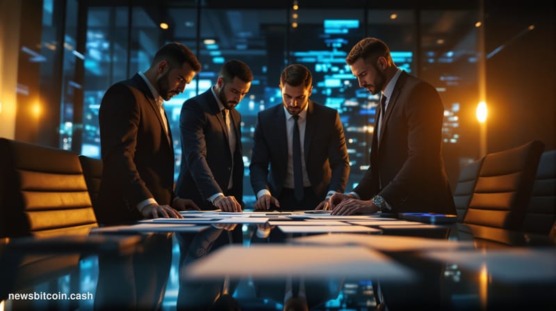 A cinematic photorealistic editorial photograph showing a modern cryptocurrency exchange trading floor in crisis mode, with m
