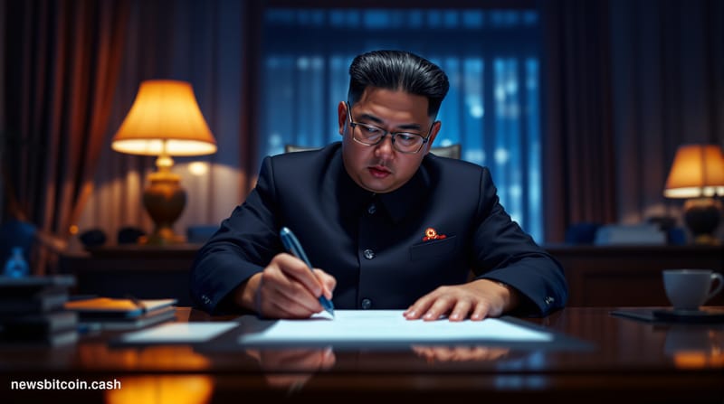 A cinematic photorealistic editorial photograph of a North Korean government building or embassy exterior at dusk, with drama