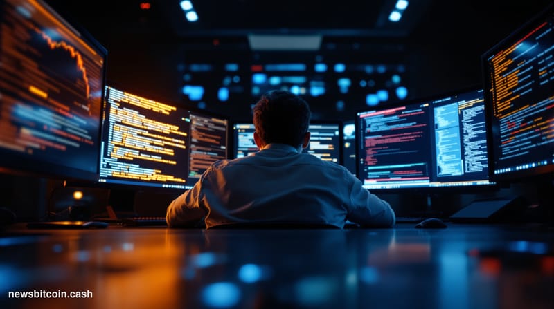 A cinematic photorealistic editorial photograph showing a modern data center server room in partial darkness, with rows of se