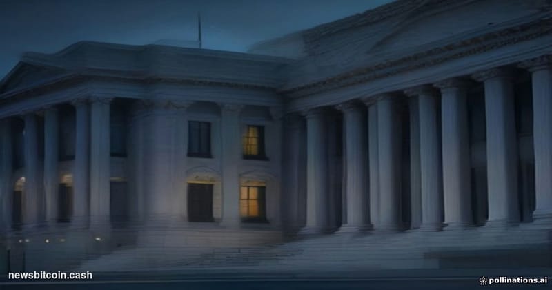 Cinematic photorealistic editorial photograph of a polished Washington D.C. IRS headquarters building exterior at dusk, shot 
