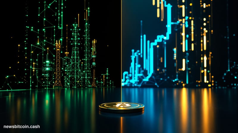 Cinematic photorealistic editorial photograph of a dramatic split-scene composition: on the left, glowing green upward-trendi
