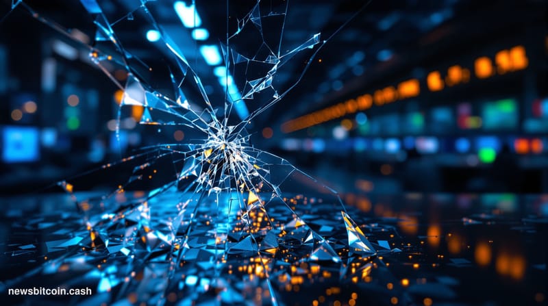 Cinematic photorealistic editorial photograph of a cracked glass trading terminal screen displaying the Drift protocol interf