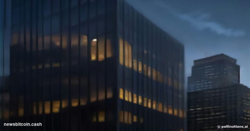 A cinematic photorealistic editorial photograph of the DTCC's Lower Manhattan headquarters at dusk, shot from a low angle loo