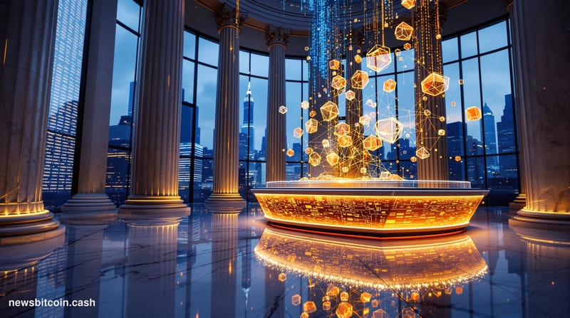 A cinematic photorealistic editorial photograph set inside a grand, marble-floored financial institution resembling the DTCC'