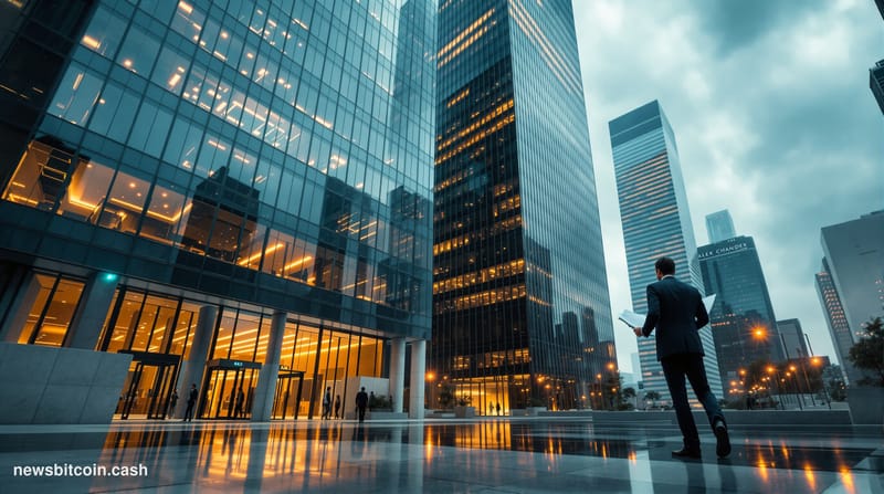 A cinematic photorealistic editorial photograph shot from a low angle looking up at a cluster of modernist office towers in a