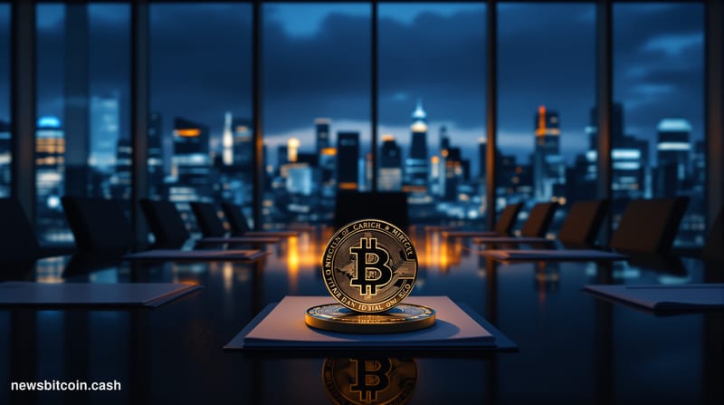 Cinematic photorealistic editorial photograph of a sleek, modern private equity boardroom at dusk, shot from a low angle look