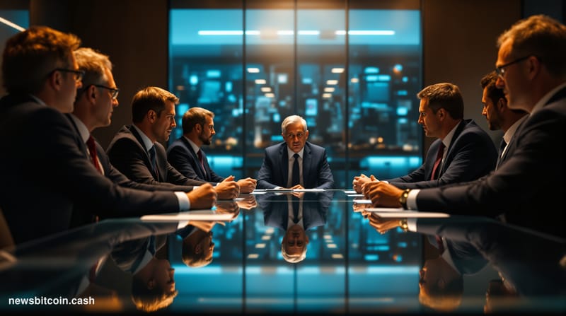 A cinematic photorealistic editorial photograph showing a modern glass-walled conference room during a tense boardroom meetin