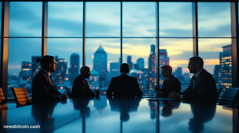 A cinematic photorealistic editorial photograph showing a modern glass-walled conference room during a tense boardroom meetin