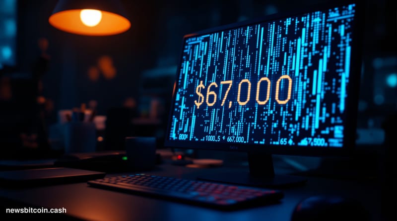 A cinematic photorealistic editorial photograph of Bitcoin trading screens displaying red candlestick charts showing the pric