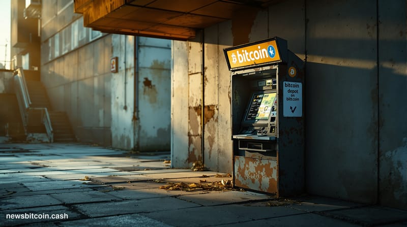A cinematic photorealistic editorial photograph showing a Bitcoin ATM kiosk in an abandoned or closing retail location, shot 