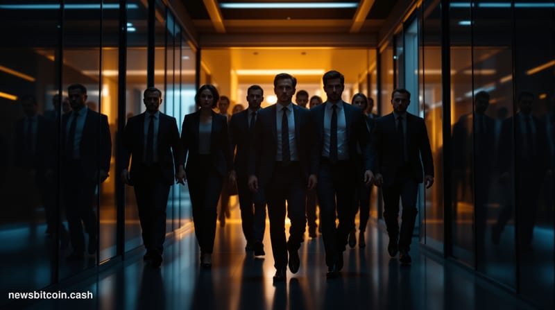 A cinematic photorealistic editorial photograph showing the exterior of a modern glass office building representing the Ether