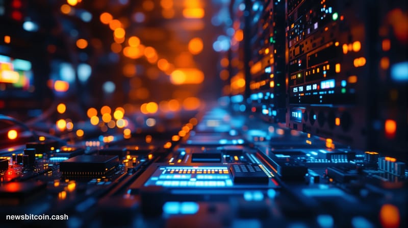 A cinematic photorealistic editorial photograph showing a modern data center server room in partial darkness, with rows of se
