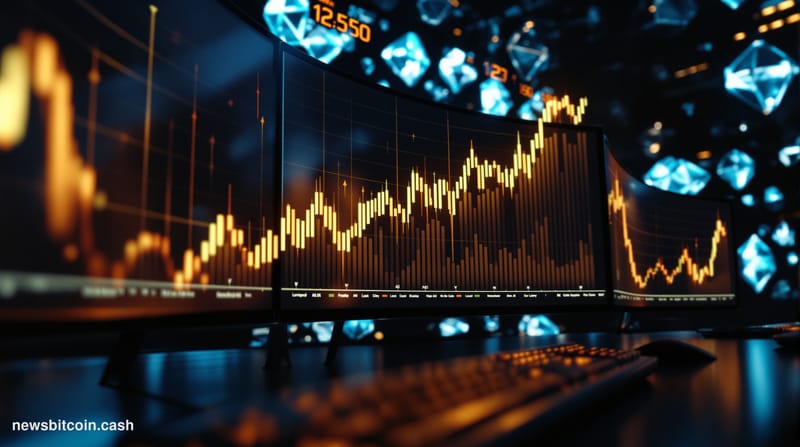 A cinematic photorealistic editorial photograph set in a dimly lit financial trading floor environment, with large curved mon