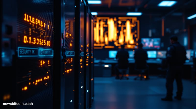 Cinematic photorealistic editorial photograph set inside a federal law enforcement operations center, dramatic cool-blue over
