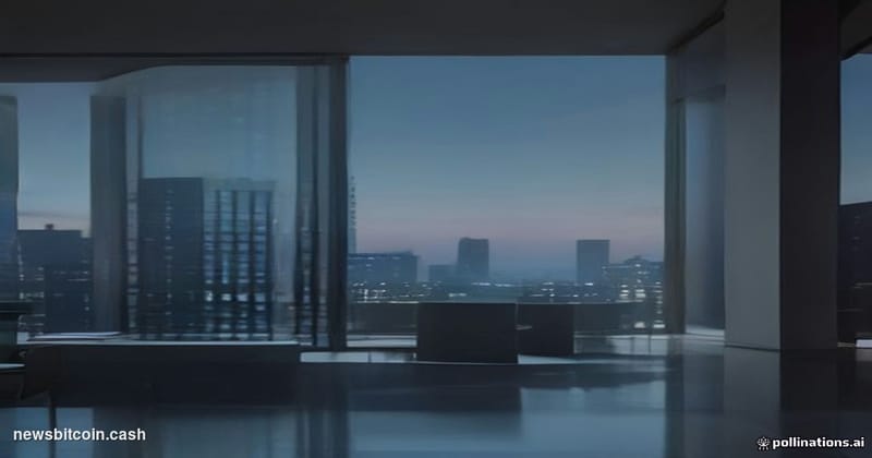 A cinematic photorealistic editorial photograph of a sleek, modern financial institution headquarters at dusk, reminiscent of