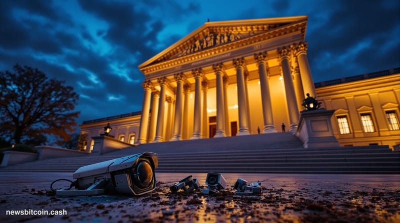 Cinematic photorealistic editorial photograph of the U.S. Treasury Department building in Washington D.C., shot from a low an