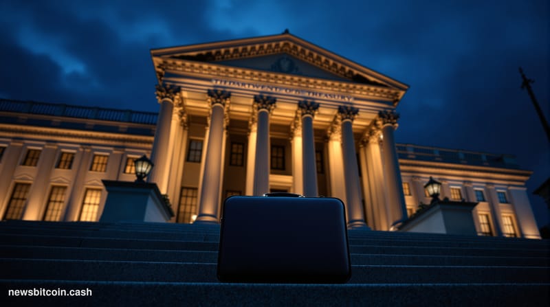 Cinematic photorealistic editorial photograph of the U.S. Department of the Treasury building in Washington D.C., shot from a