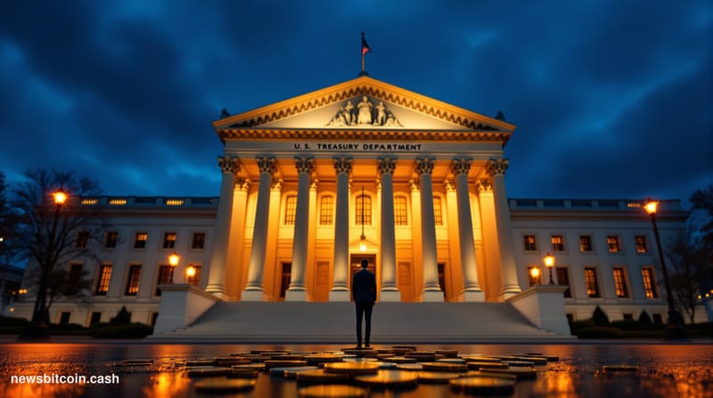 Cinematic photorealistic editorial photograph of the US Treasury Department's neoclassical Washington D.C. headquarters build