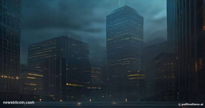 Cinematic photorealistic editorial photograph of a monumental Wall Street financial district scene at dusk, shot from a low a