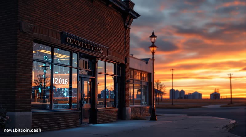 Cinematic photorealistic editorial photograph of a rural North Dakota main street at dusk, with a classic brick-facade commun