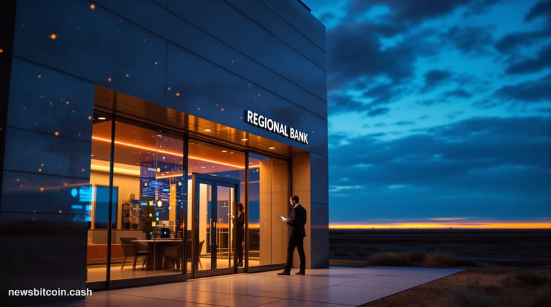 Cinematic photorealistic editorial photograph of a modern regional bank branch in Bismarck, North Dakota, shot at dusk with d