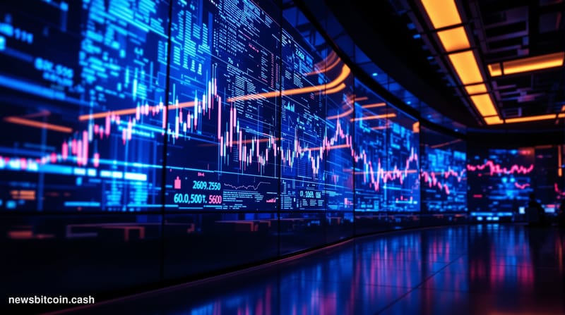Cinematic photorealistic editorial photograph of a sleek modern trading floor at dusk, shot from a low angle looking up at mu