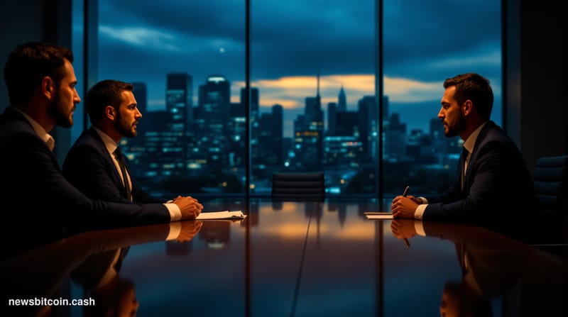 A cinematic photorealistic editorial photograph showing a modern glass-walled conference room during a tense boardroom meetin