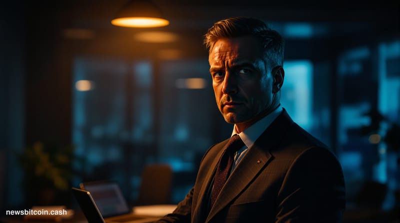 A cinematic photorealistic editorial photograph showing a darkened smartphone screen displaying a cryptocurrency wallet inter